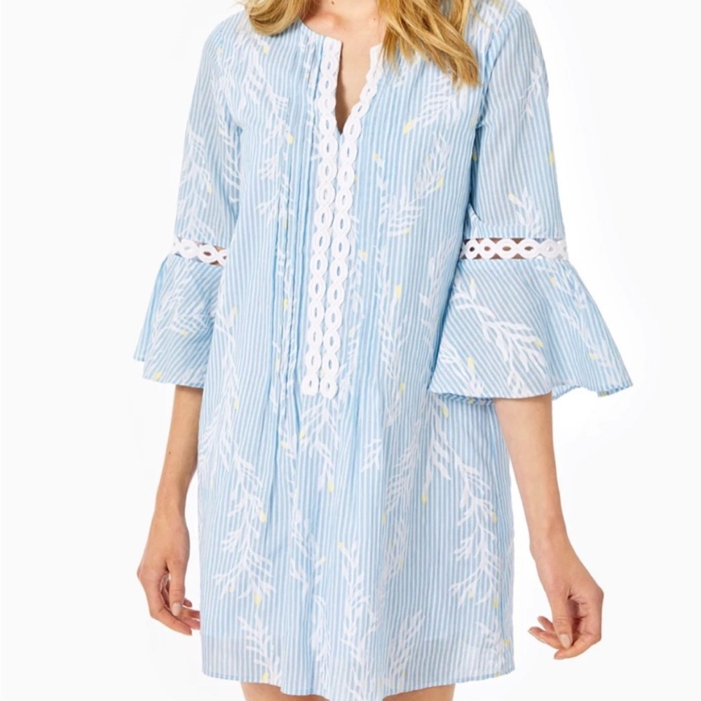 Lilly Pulitzer Hollie Tunic Dress Small Zanzibar Blue Women Bell Sleeves Striped